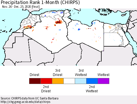 North Africa Precipitation Rank since 1981, 1-Month (CHIRPS) Thematic Map For 11/26/2020 - 12/25/2020