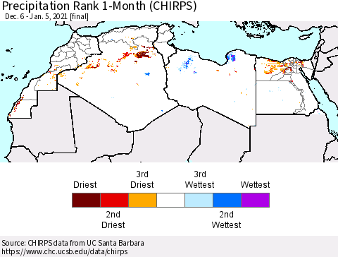 North Africa Precipitation Rank since 1981, 1-Month (CHIRPS) Thematic Map For 12/6/2020 - 1/5/2021