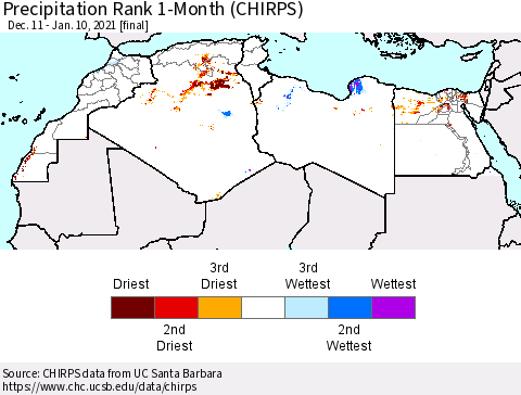 North Africa Precipitation Rank since 1981, 1-Month (CHIRPS) Thematic Map For 12/11/2020 - 1/10/2021