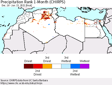 North Africa Precipitation Rank since 1981, 1-Month (CHIRPS) Thematic Map For 12/16/2020 - 1/15/2021