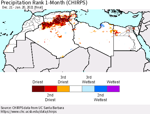 North Africa Precipitation Rank since 1981, 1-Month (CHIRPS) Thematic Map For 12/21/2020 - 1/20/2021