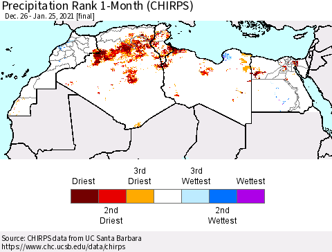 North Africa Precipitation Rank since 1981, 1-Month (CHIRPS) Thematic Map For 12/26/2020 - 1/25/2021