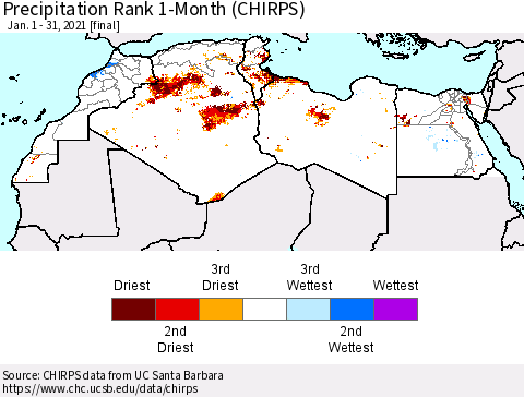 North Africa Precipitation Rank since 1981, 1-Month (CHIRPS) Thematic Map For 1/1/2021 - 1/31/2021