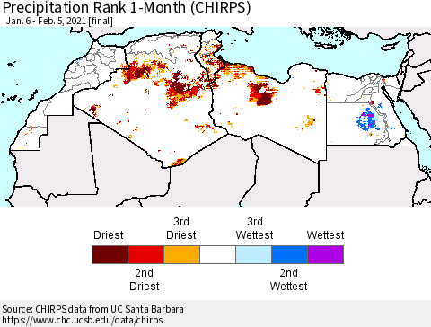 North Africa Precipitation Rank since 1981, 1-Month (CHIRPS) Thematic Map For 1/6/2021 - 2/5/2021