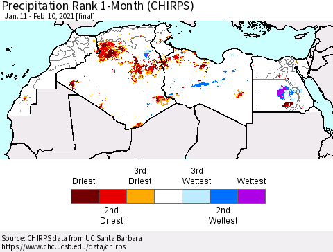 North Africa Precipitation Rank since 1981, 1-Month (CHIRPS) Thematic Map For 1/11/2021 - 2/10/2021