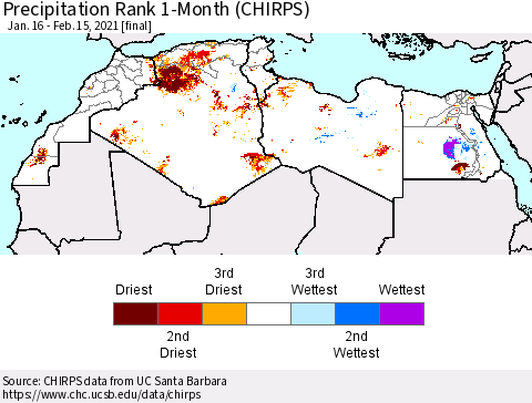 North Africa Precipitation Rank since 1981, 1-Month (CHIRPS) Thematic Map For 1/16/2021 - 2/15/2021