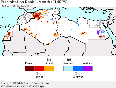 North Africa Precipitation Rank since 1981, 1-Month (CHIRPS) Thematic Map For 1/21/2021 - 2/20/2021