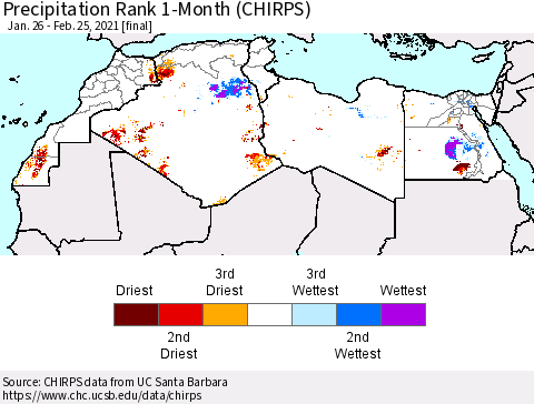 North Africa Precipitation Rank since 1981, 1-Month (CHIRPS) Thematic Map For 1/26/2021 - 2/25/2021