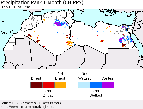North Africa Precipitation Rank since 1981, 1-Month (CHIRPS) Thematic Map For 2/1/2021 - 2/28/2021