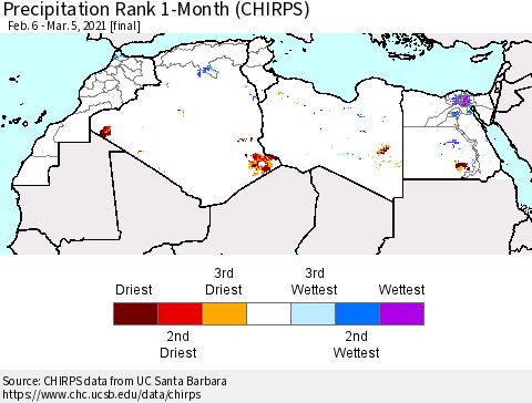 North Africa Precipitation Rank since 1981, 1-Month (CHIRPS) Thematic Map For 2/6/2021 - 3/5/2021