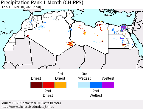 North Africa Precipitation Rank since 1981, 1-Month (CHIRPS) Thematic Map For 2/11/2021 - 3/10/2021