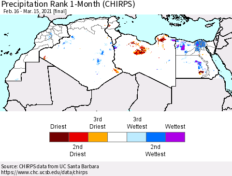 North Africa Precipitation Rank since 1981, 1-Month (CHIRPS) Thematic Map For 2/16/2021 - 3/15/2021