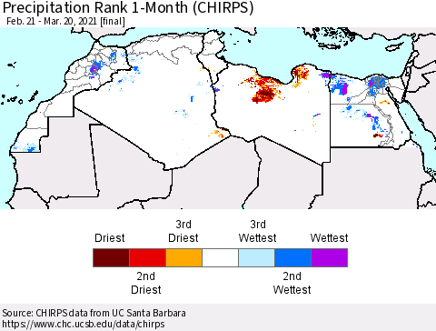 North Africa Precipitation Rank since 1981, 1-Month (CHIRPS) Thematic Map For 2/21/2021 - 3/20/2021