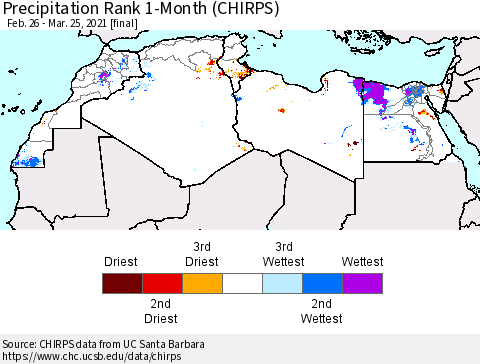 North Africa Precipitation Rank since 1981, 1-Month (CHIRPS) Thematic Map For 2/26/2021 - 3/25/2021