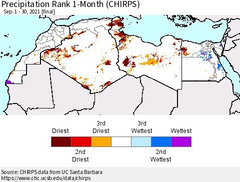 North Africa Precipitation Rank since 1981, 1-Month (CHIRPS) Thematic Map For 9/1/2021 - 9/30/2021