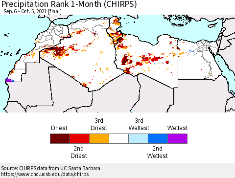 North Africa Precipitation Rank since 1981, 1-Month (CHIRPS) Thematic Map For 9/6/2021 - 10/5/2021