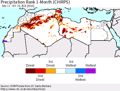 North Africa Precipitation Rank since 1981, 1-Month (CHIRPS) Thematic Map For 9/11/2021 - 10/10/2021