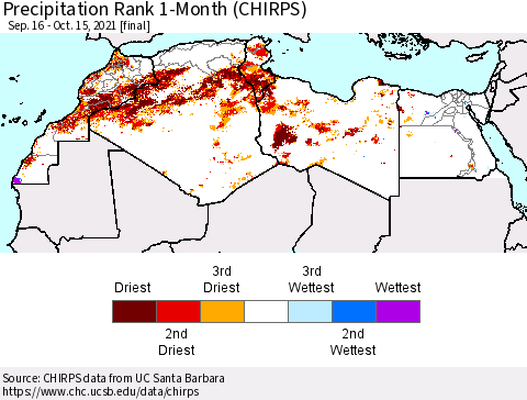 North Africa Precipitation Rank since 1981, 1-Month (CHIRPS) Thematic Map For 9/16/2021 - 10/15/2021