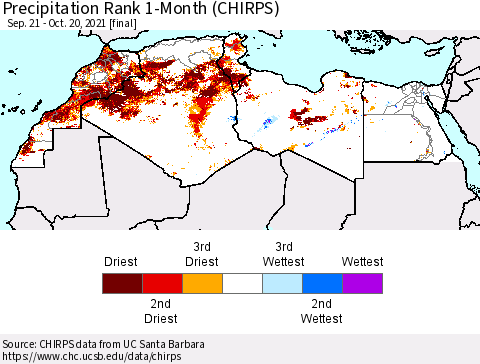 North Africa Precipitation Rank since 1981, 1-Month (CHIRPS) Thematic Map For 9/21/2021 - 10/20/2021