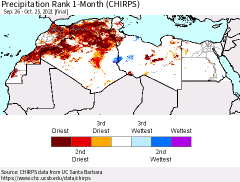 North Africa Precipitation Rank since 1981, 1-Month (CHIRPS) Thematic Map For 9/26/2021 - 10/25/2021
