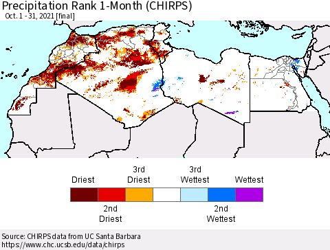 North Africa Precipitation Rank since 1981, 1-Month (CHIRPS) Thematic Map For 10/1/2021 - 10/31/2021