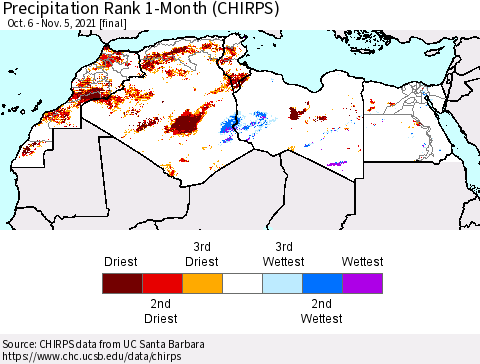 North Africa Precipitation Rank since 1981, 1-Month (CHIRPS) Thematic Map For 10/6/2021 - 11/5/2021