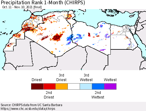 North Africa Precipitation Rank since 1981, 1-Month (CHIRPS) Thematic Map For 10/11/2021 - 11/10/2021