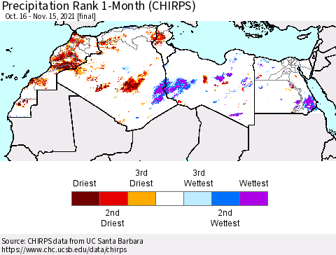 North Africa Precipitation Rank since 1981, 1-Month (CHIRPS) Thematic Map For 10/16/2021 - 11/15/2021