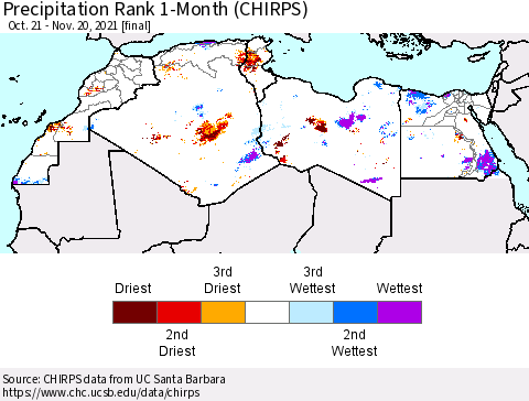 North Africa Precipitation Rank since 1981, 1-Month (CHIRPS) Thematic Map For 10/21/2021 - 11/20/2021