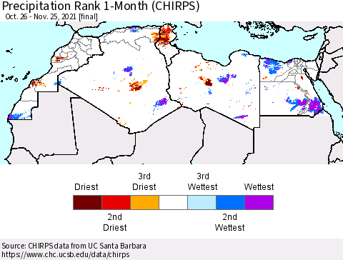 North Africa Precipitation Rank since 1981, 1-Month (CHIRPS) Thematic Map For 10/26/2021 - 11/25/2021