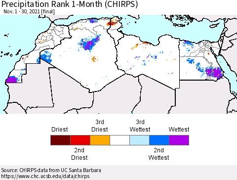 North Africa Precipitation Rank since 1981, 1-Month (CHIRPS) Thematic Map For 11/1/2021 - 11/30/2021