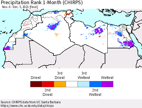 North Africa Precipitation Rank since 1981, 1-Month (CHIRPS) Thematic Map For 11/6/2021 - 12/5/2021