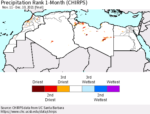 North Africa Precipitation Rank since 1981, 1-Month (CHIRPS) Thematic Map For 11/11/2021 - 12/10/2021
