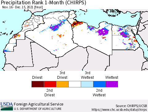 North Africa Precipitation Rank since 1981, 1-Month (CHIRPS) Thematic Map For 11/16/2021 - 12/15/2021