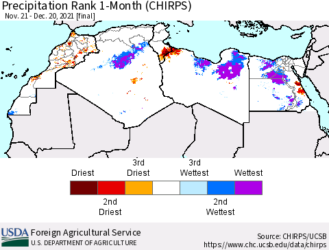 North Africa Precipitation Rank since 1981, 1-Month (CHIRPS) Thematic Map For 11/21/2021 - 12/20/2021