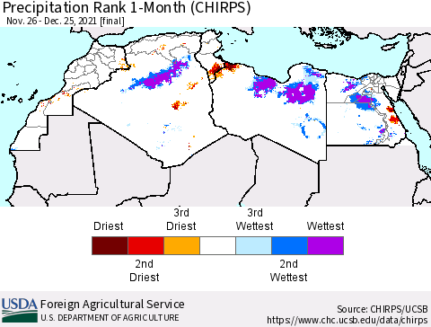 North Africa Precipitation Rank since 1981, 1-Month (CHIRPS) Thematic Map For 11/26/2021 - 12/25/2021