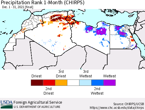 North Africa Precipitation Rank since 1981, 1-Month (CHIRPS) Thematic Map For 12/1/2021 - 12/31/2021