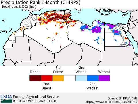 North Africa Precipitation Rank since 1981, 1-Month (CHIRPS) Thematic Map For 12/6/2021 - 1/5/2022