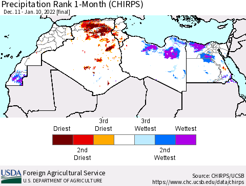 North Africa Precipitation Rank since 1981, 1-Month (CHIRPS) Thematic Map For 12/11/2021 - 1/10/2022