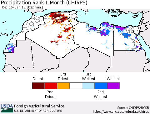 North Africa Precipitation Rank since 1981, 1-Month (CHIRPS) Thematic Map For 12/16/2021 - 1/15/2022