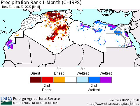 North Africa Precipitation Rank since 1981, 1-Month (CHIRPS) Thematic Map For 12/21/2021 - 1/20/2022