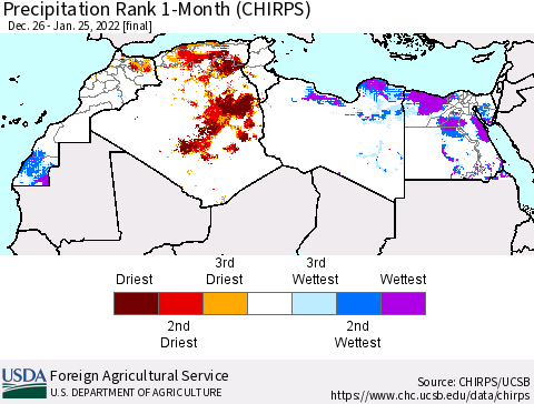 North Africa Precipitation Rank since 1981, 1-Month (CHIRPS) Thematic Map For 12/26/2021 - 1/25/2022