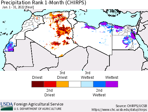 North Africa Precipitation Rank since 1981, 1-Month (CHIRPS) Thematic Map For 1/1/2022 - 1/31/2022