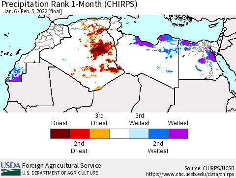 North Africa Precipitation Rank since 1981, 1-Month (CHIRPS) Thematic Map For 1/6/2022 - 2/5/2022