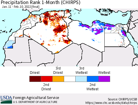 North Africa Precipitation Rank since 1981, 1-Month (CHIRPS) Thematic Map For 1/11/2022 - 2/10/2022