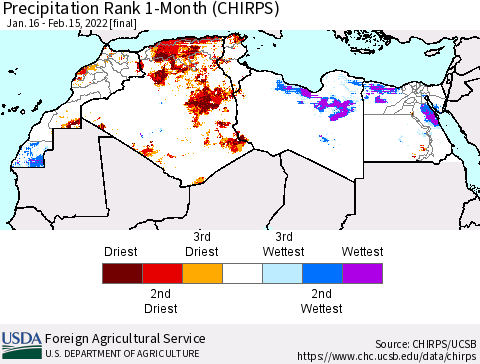 North Africa Precipitation Rank since 1981, 1-Month (CHIRPS) Thematic Map For 1/16/2022 - 2/15/2022