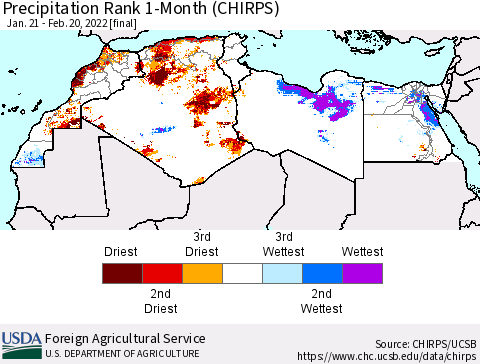 North Africa Precipitation Rank since 1981, 1-Month (CHIRPS) Thematic Map For 1/21/2022 - 2/20/2022