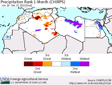 North Africa Precipitation Rank since 1981, 1-Month (CHIRPS) Thematic Map For 1/26/2022 - 2/25/2022