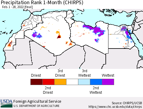 North Africa Precipitation Rank since 1981, 1-Month (CHIRPS) Thematic Map For 2/1/2022 - 2/28/2022