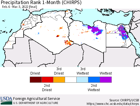 North Africa Precipitation Rank since 1981, 1-Month (CHIRPS) Thematic Map For 2/6/2022 - 3/5/2022